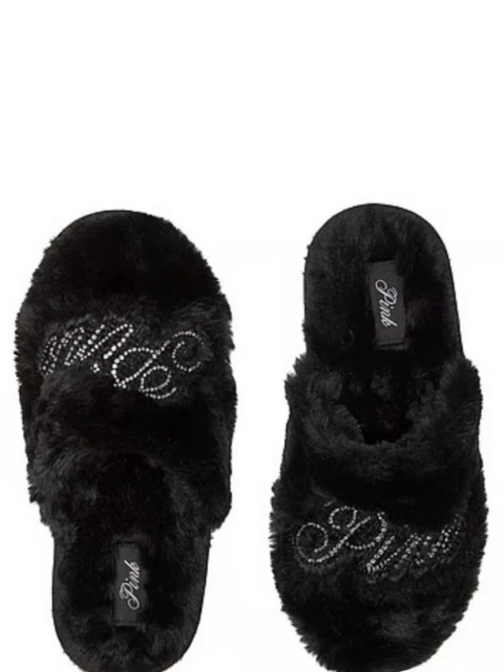 New V.S. PINK Black Bling Bedroom Faux Fur Slippers L